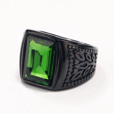 Anillo de boda retro con incrustación de piedra verde de acero inoxidable para hombre alianza vintage negro Foto 1 de 2