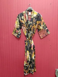 Indian Cotton Robe Long Kimono Sleepwear Black Floral Printed Night Kimono Robe - Picture 1 of 5