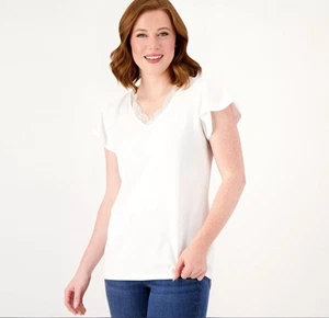 Denim & Co Favorite Jersey V-Neck Flutter Sleeve Top w/ Lace Trim Size 5X White - Picture 1 of 3