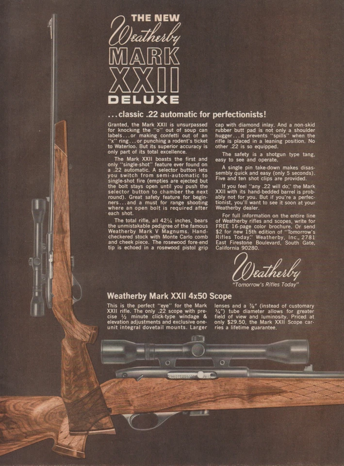 1969 Weatherby Firearms - Mark XXII Deluxe .22 Rifles - Magazine Print Ad Photo - Image 1 of 1