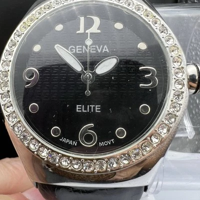 Reloj Geneva Elite con Estrás Negro Puño Banda Movimiento Cuarzo *Necesita Batería* Foto 1 de 4