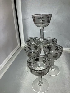 6~Vintage Libbey Frosted Glass Silver Leaf Champagne Coupe Glasses - Picture 1 of 5