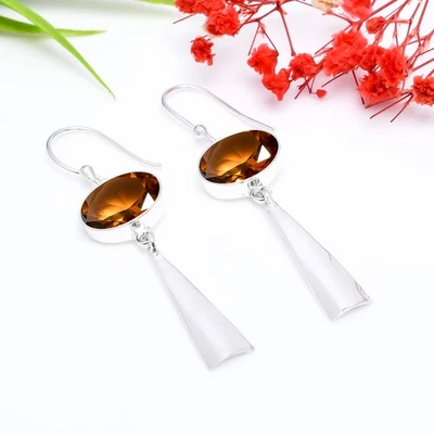 Smoky Quartz Gemstone Solid 925 Sterling Silver Beautiful Handmade Earring V4101 - Image 1 of 4