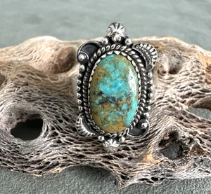 Kings Manassa Turquoise Ring Sterling Raindrops Rope Edge Adj Size 7-9 Navajo - Picture 1 of 10
