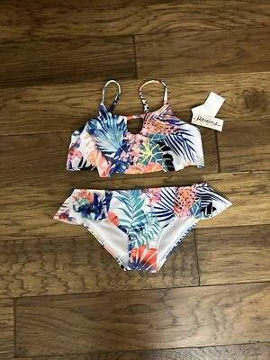 Raisins Girl's 10 2 Pc Tropical Floral Flutter Ruffle Purple Bikini Swimsuit Set - Image 1 of 4