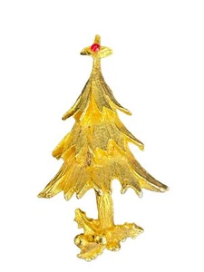 Spilla natalizia vintage testurizzata albero di Natale strass rosso stella tono oro - Foto 1 di 4