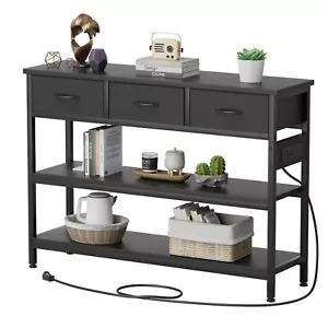 43.3" Console Table with Power Outlets 3 Drawers 2 Shelves Sofa Table Black - Picture 1 of 8