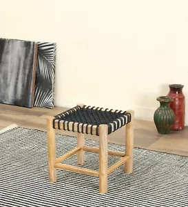 HAND KNOTTED FOOTSTOOL HAND WEAVE HANDMADE MANGO WOOD FRAME STOOL OTTOMAN  - Picture 1 of 8