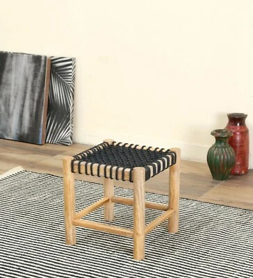 HAND KNOTTED FOOTSTOOL HAND WEAVE HANDMADE MANGO WOOD FRAME STOOL OTTOMAN  - Image 1 of 4