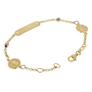 Italian 14k Two-Tone Gold Engravable St. Benedict Charm Baby ID Bracelet 5.5" - Picture 1 of 5