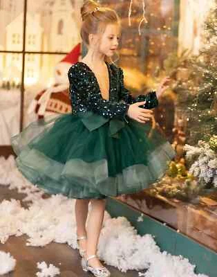 Emerald Green SequinFlower Girl Dress First Communion PromGown Pageant Christmas - Image 1 of 4