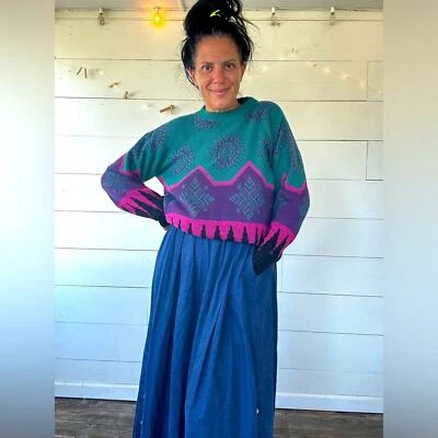 Suéter de Lana Vintage Verde Púrpura Estampado Geométrico Retro Pullover M Foto 1 de 4