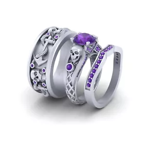 Amethyst Nautical Anchor Gothic Skull Matching Wedding Ring Band Set His and Her - Picture 1 of 8