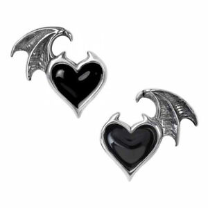 ALCHEMY BLACKSOUL EARRINGS Gothic Black Heart Bat Wing Studs + FREE VELVET POUCH