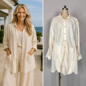 Flax Jeanne Engelhart 100% Linen Tunic Shirt L Lagenlook Coastal Grandma Beachy - Picture 1 of 11