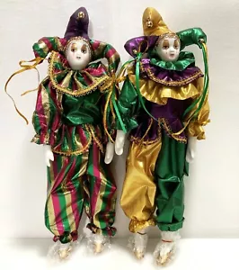 2er Set bunte Narr Clown Puppen Porzellan Gesicht/Hände/Füße 13" handbemalt - Bild 1 von 10