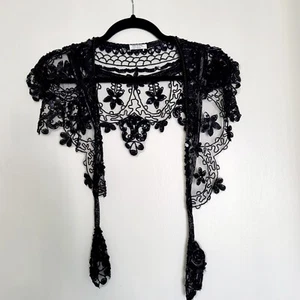 VTG Womens Shawl Collar Black Beaded Sequin Lace Accessory Embellish Whimsigoth - Picture 1 of 16