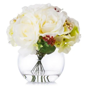 Rose and Hydrangea Silk Flower Arrangement in Round Glass Vase with Faux Water - Picture 1 of 7