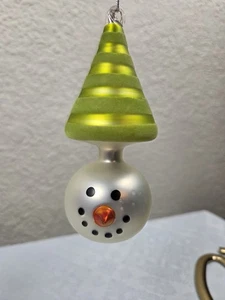 Mundgeblasenes Glas Weihnachtsschmuck Schneemann limettengrün Mütze - Bild 1 von 3