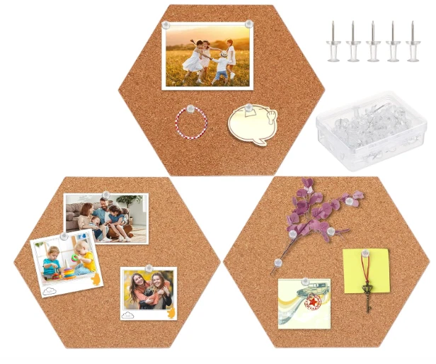 3-Pack Self-Adhesive Hexagonal Cork Wall Bulliton Board Tiles with 50 Push-Pins - Image 1 of 4