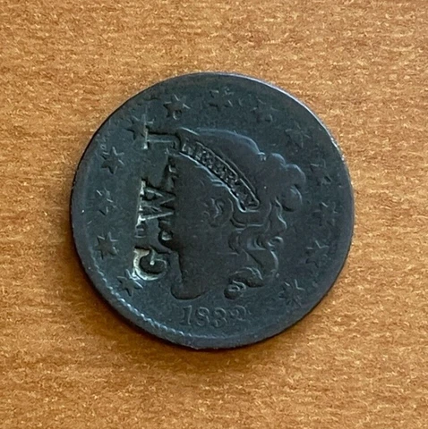 1832 Coronet Head Large Cent - "G. W. J." Counterstamp  bg Cover