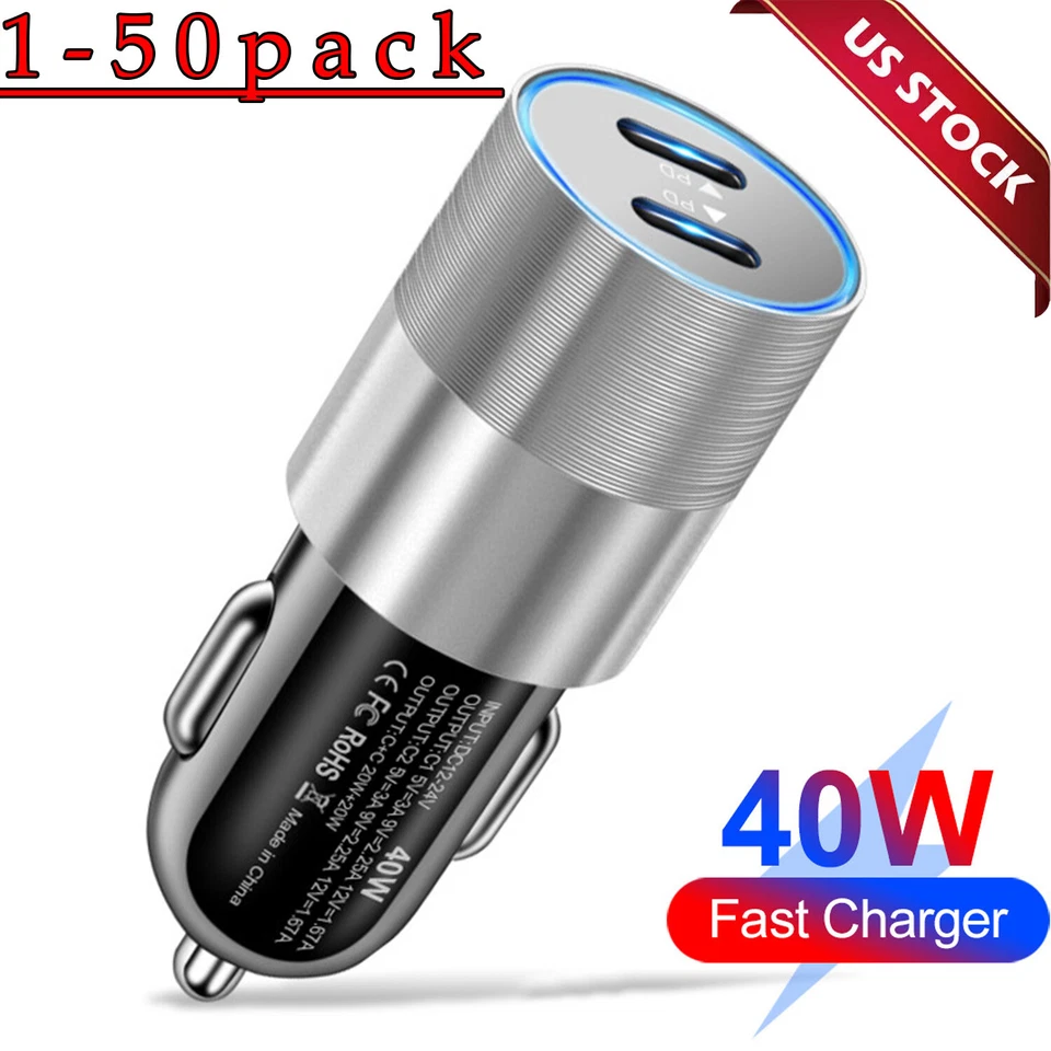 LOTE Adaptador Cargador Coche Rápido Para iPhone iPad Android Samsung 40W Doble USB Tipo-C Foto 1 de 4