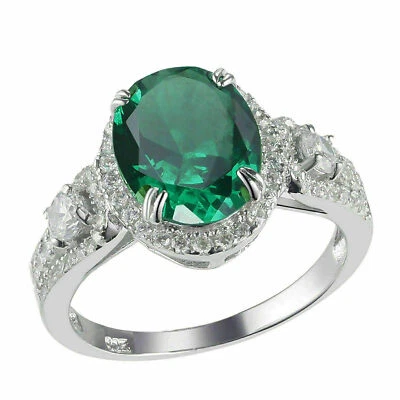 2.10Ct Oval Cut Green Emerald & Lab-Created Diamond Halo Engagement Ring Silver - Image 1 of 4