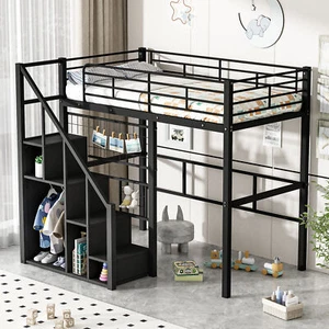Twin Size Metal Loft Bed with Storage Staircase / Small Wardrobe Black Bedroom - Picture 1 of 18