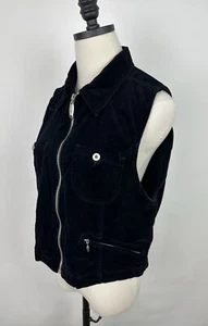 Vintage 90s Black Velvet Vest M / L Full Zip Biker Grunge Cotton Liz Claiborne - Picture 1 of 14