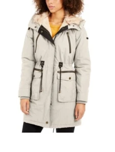 New LUCKY BRAND Stone Womens Hooded Faux-Fur-Trim Anorak Jacket S - Picture 1 of 7