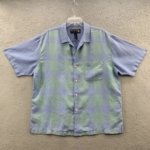 Nat Nast 100% Linen Golfer Shirt Mens L Blue Plaid Front Short Sleeve Button Up - Picture 1 of 12