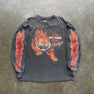Vintage Harley Davidson Tiger Flame Long Sleeve Tshirt Untamed Mens Large Black - Picture 1 of 11