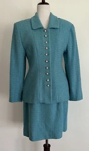 Vintage Handmade Blue Tweed Blazer Skirt Suit Pearl & Rhinestone Buttons S/M - Picture 1 of 8