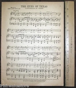 Hoja de Canciones Original Vintage UNIVERSIDAD DE TEXAS c1945 "The Eyes of Texas" - Imagen 1 de 1