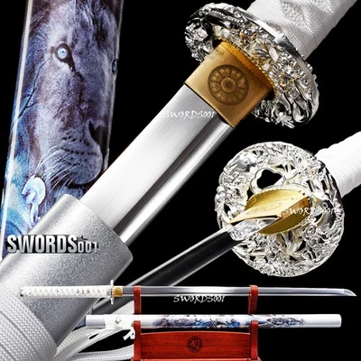 Lion King Painted Silvery Saya Carbon Steel Blade Ninja Sword White Ito Sageo - Image 1 of 4