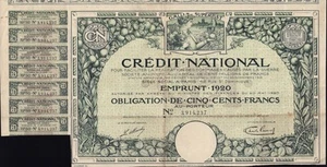 Credit National - French War /State / Government Bond 1920 500 Francs + 7 coupon - Picture 1 of 1