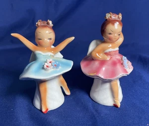 Vintage Lefton rosa und blau Ballerinas Engel Salz Pfeffer Strass Blumen - Bild 1 von 12
