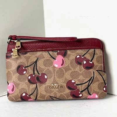 Coach Double Zip Phone Wallet Cherry Print Signature Canvas Wristlet CZ763 - Image 1 of 4