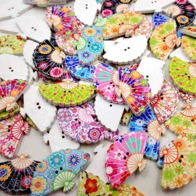 50pcs Fan Shape Wood Buttons Retro Ethnic Floral Sewing Crafts DIY Novelty - Image 1 of 4