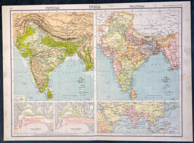 1890 John Bartholomew Large Antique 2 Political & Physical Maps of India - Image 1 of 2