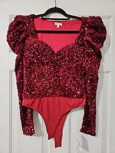 TCEC Long Puff Sleeve Bodysuit cranberry sequins Large NWT - Picture 1 of 8