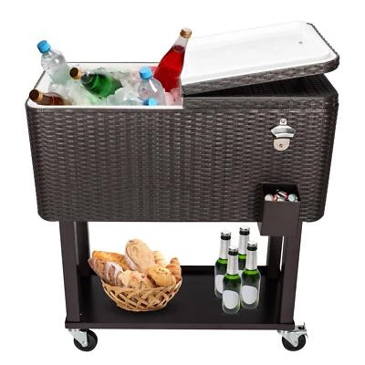 80QT Outdoor Rolling Cooler Cart Ice Beer Beverage Chest With Wheels Shelf Brown - Image 1 of 4