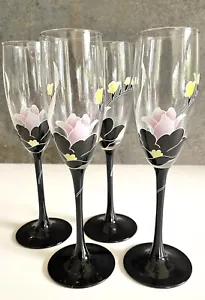 Luminac 80s Champagne Glasses Domino Anais black stem pink flower french - Picture 1 of 9