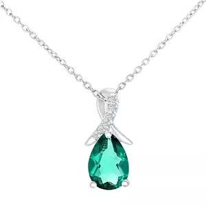 9ct White Gold Pear Created Emerald and Diamond Pendant Necklace By Naava - Picture 1 of 6