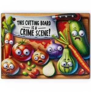 This Cutting Board Is A Crime Scene! Glass Chopping Board, Frightened Vegetables - Picture 1 of 6