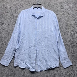 Tasso Elba Shirt Mens L 16 16.5 Light Blue Striped Long Sleeve Button Down Linen - Picture 1 of 6