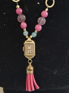 Vintage Elgin Wind Up Watch Pendant BOHO Necklace Beaded Leather Cord 35” Runs - Picture 1 of 4