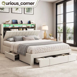 Queen Platform Bed Frame w/ Upholstered Headboard Bookcase Storage 4 Drawers - Picture 1 of 11