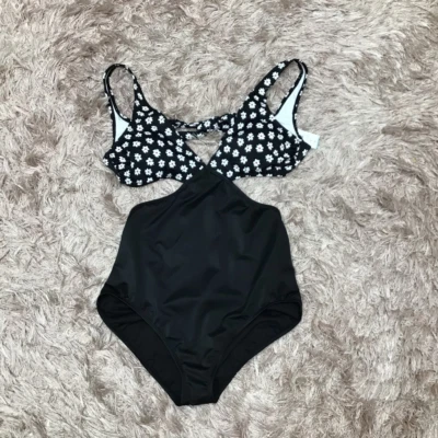 Beach Betty Womens One Piece Swimsuit Black White Floral Cut Out Stretch L New - Image 1 of 4