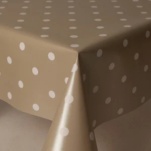 Beige Ground With White Polkadots Pvc Vinyl Wipe Clean Tablecloths - Picture 1 of 2